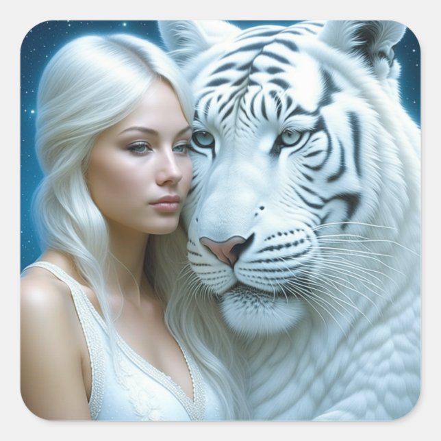 Mystical White Tiger and Woman Square Sticker (Front)