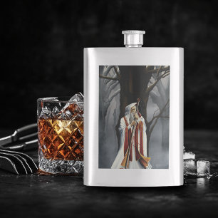 Mystical White Wizard Raven Oak Tree Fantasy Hip Flask