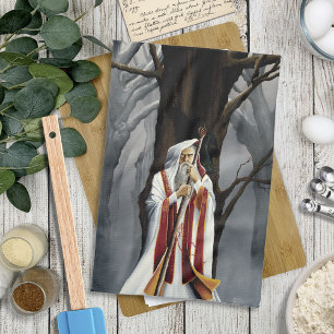 Mystical White Wizard Raven Oak Tree Fantasy Kitchen Towel