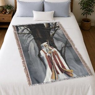 Mystical White Wizard Raven Oak Tree Fantasy Throw Blanket