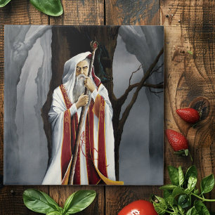 Mystical White Wizard Raven Oak Tree Fantasy Tile