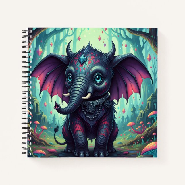 Mystical Winged Elephant in Enchanted Forest  Notebook (Front)