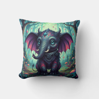 Mystical Winged Elephant in Enchanted Forest Throw Pillow