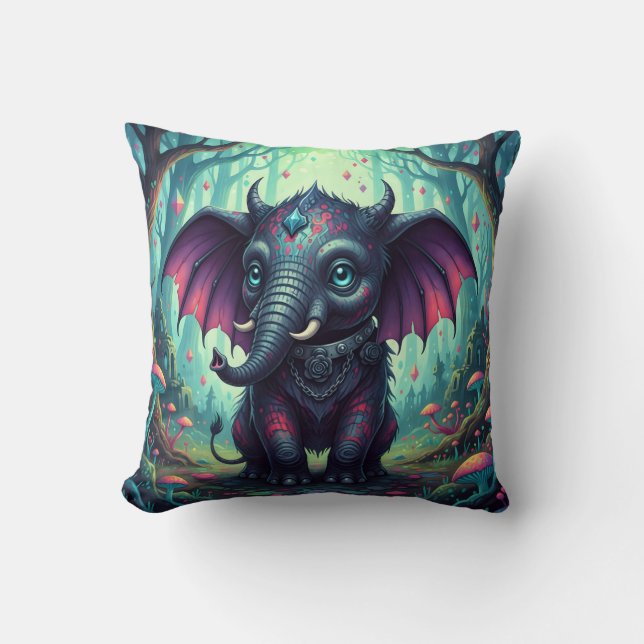 Mystical Winged Elephant in Enchanted Forest  Throw Pillow (Front)