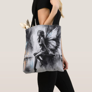 Mystical winged girl black and white urban tote bag
