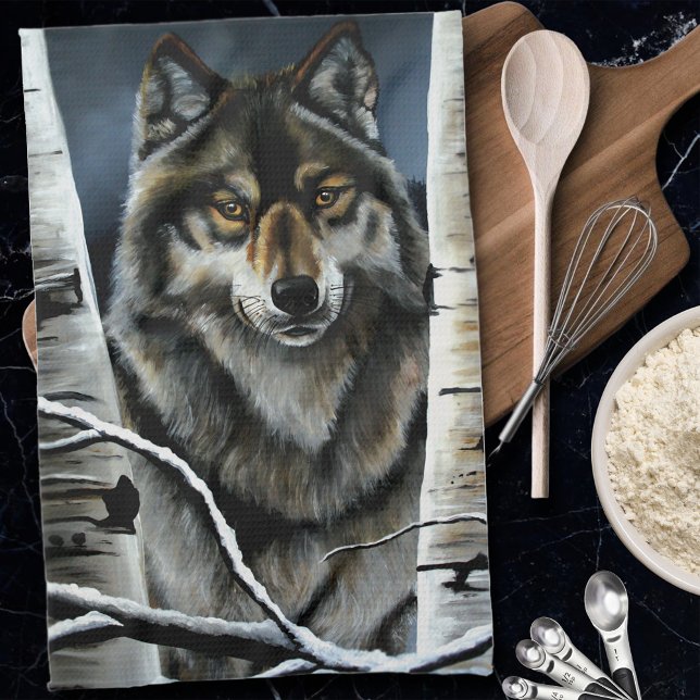 Mystical Winter Alpha Wolf Birch Forest Wildlife Kitchen Towel (Creator Uploaded)