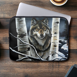 Mystical Winter Alpha Wolf Birch Forest Wildlife Laptop Sleeve