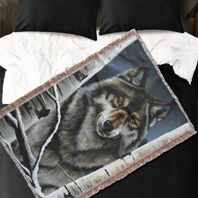 Mystical Winter Alpha Wolf Birch Forest Wildlife Throw Blanket (Creator Uploaded)