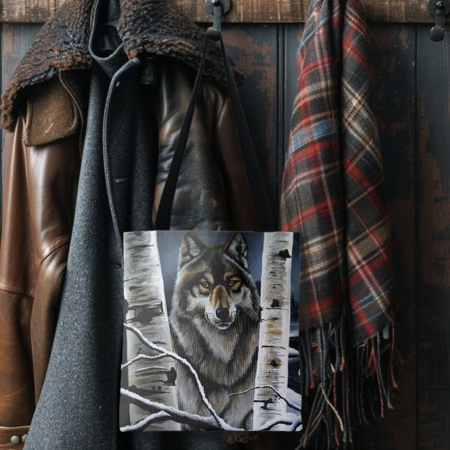 Mystical Winter Alpha Wolf Birch Forest Wildlife Tote Bag (Creator Uploaded)