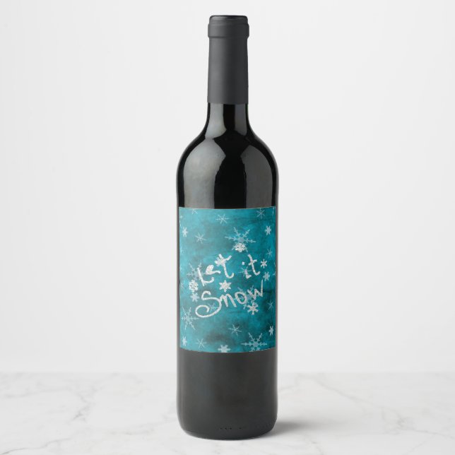 Mystical Winter Blue Silver Snowflakes Let It Snow Wine Label (Front)