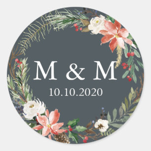 Mystical Winter Wedding wreath Monogram Classic Round Sticker