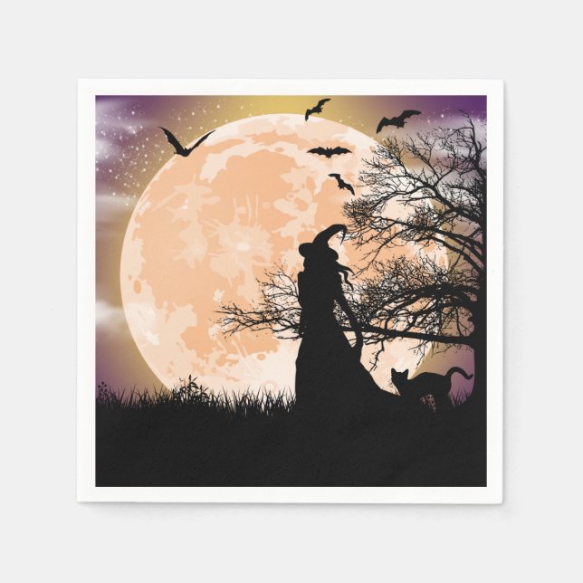 Mystical Witch and Cat Full Moon Napkin (Front)
