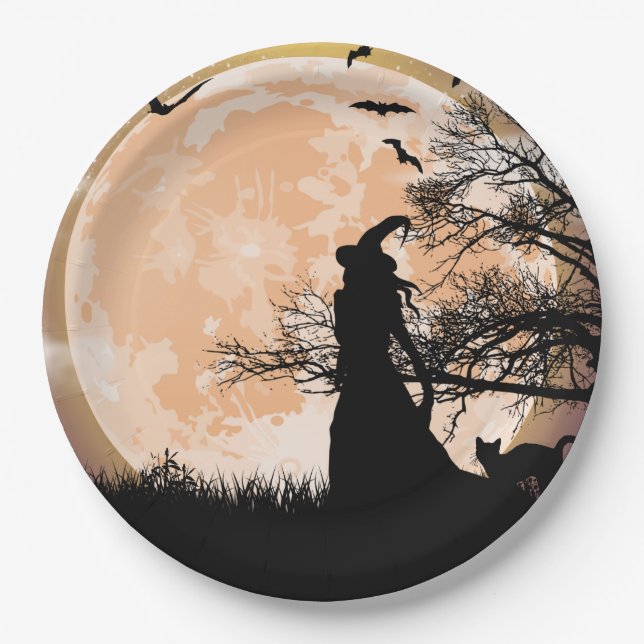 Mystical Witch and Cat Full Moon Paper Plate (Front)