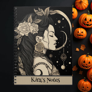 Mystical Witch Moon and Stars in Cream and Black  Notebook