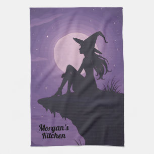 Mystical Witch Silhouette Under Moonlight Gift Kitchen Towel