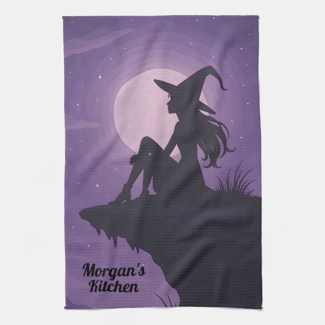 Mystical Witch Silhouette Under Moonlight Gift Kitchen Towel (Vertical)