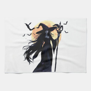 Mystical Witch under a Full Moon Kitchen Towel
