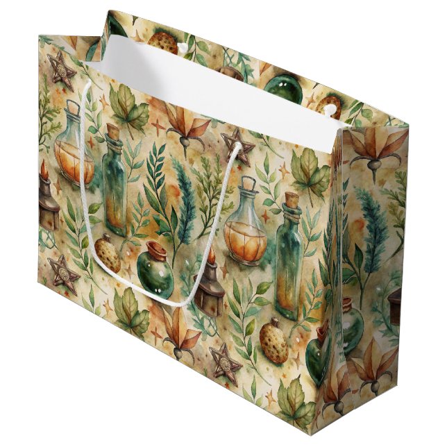 Mystical Witchcraft Bottles Green Brown Large Gift Bag (Front Angled)