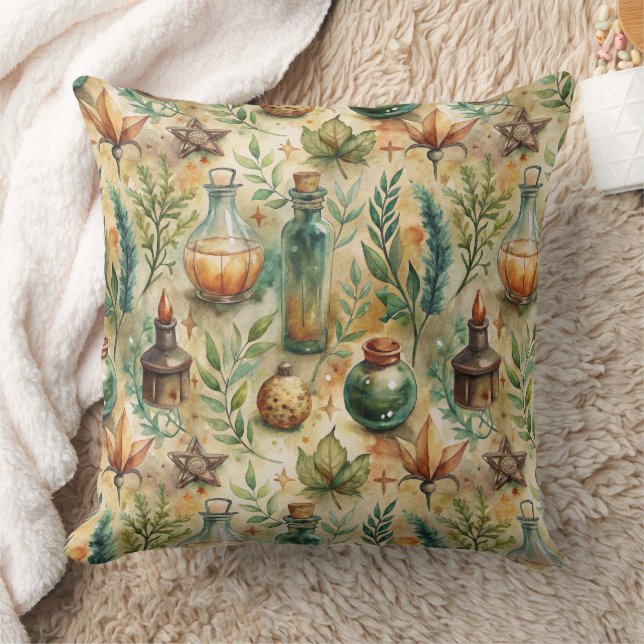Mystical Witchcraft Bottles Green Brown Throw Pillow (Blanket)