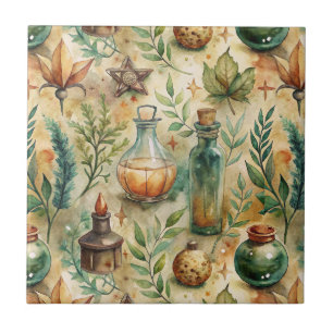 Mystical Witchcraft Bottles Green Brown Tile