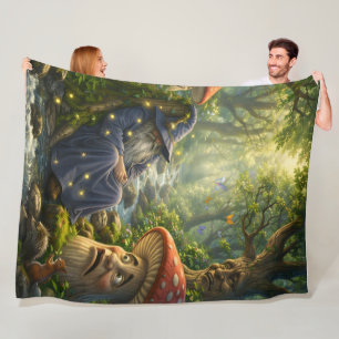 Mystical wizard and glowing fireflies, enchanted f fleece blanket