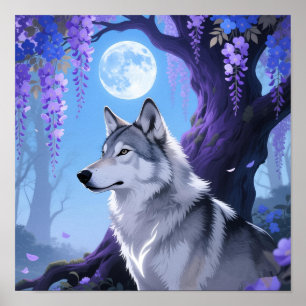 Mystical Wolf and Wisteria Moon Fantasy Art Print