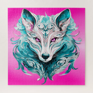 Mystical Wolf Elegant Turquoise & Pink Wolf Jigsaw Puzzle