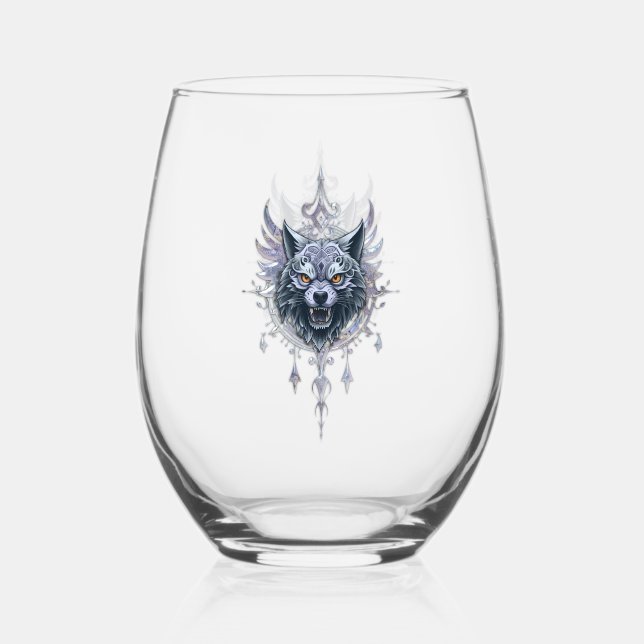 Mystical wolf head.  stemless wine glass (Front)