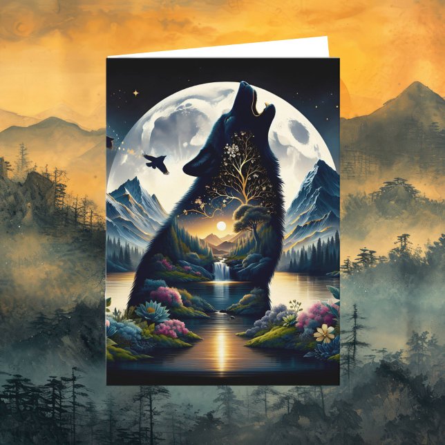 Mystical Wolf Howling at Moon Surreal Birthday Card (Creator Uploaded)