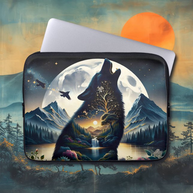Mystical Wolf Howling at Moon Surreal  Laptop Sleeve (Creator Uploaded)