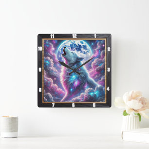 Mystical Wolf Howling Under Vibrant Cosmic Moonlit Square Wall Clock