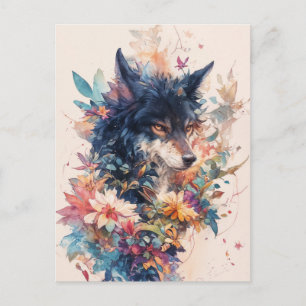Mystical Wolf in Vibrant Watercolor Blooms Postcard