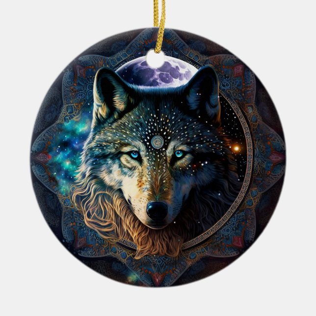 Mystical Wolf Moon Mandala Ceramic Ornament (Front)