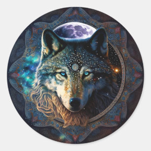 Mystical Wolf Moon Mandala Classic Round Sticker