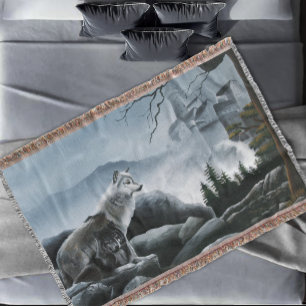 Mystical Wolves Guards Castle Fantasy Wildlife Throw Blanket
