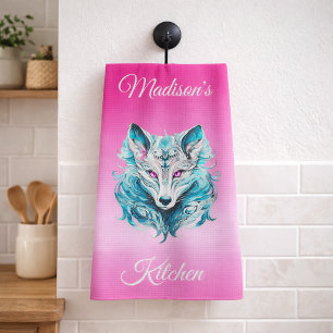 Mystical Woodland  Wolf Turquoise Pink  Kitchen Towel