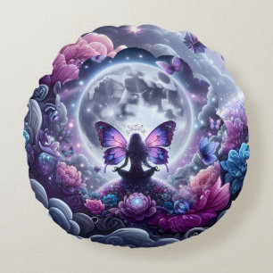 Mystical Zen Butterfly Fairy Full Moon Cosmic Round Pillow