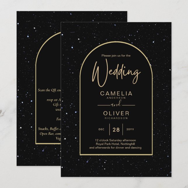 Mystique BLACK GOLD Starry Night Wedding Invitation (Front/Back)