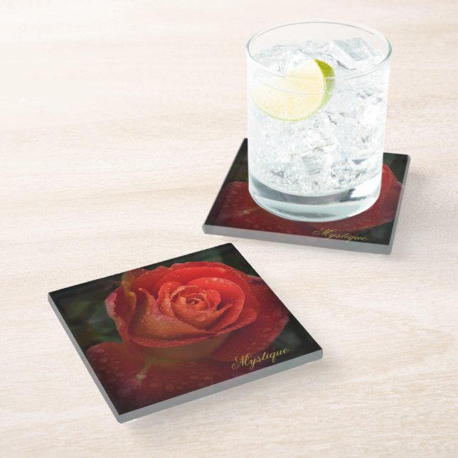 Mystique Dark Botanical Red Orange Rose Coaster (Angled)