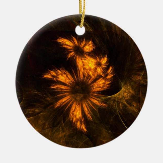 Mystique Garden Golden Abstract Fractal Art Ceramic Ornament (Front)