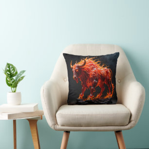 Mythic Fire Bull Throw Pillow