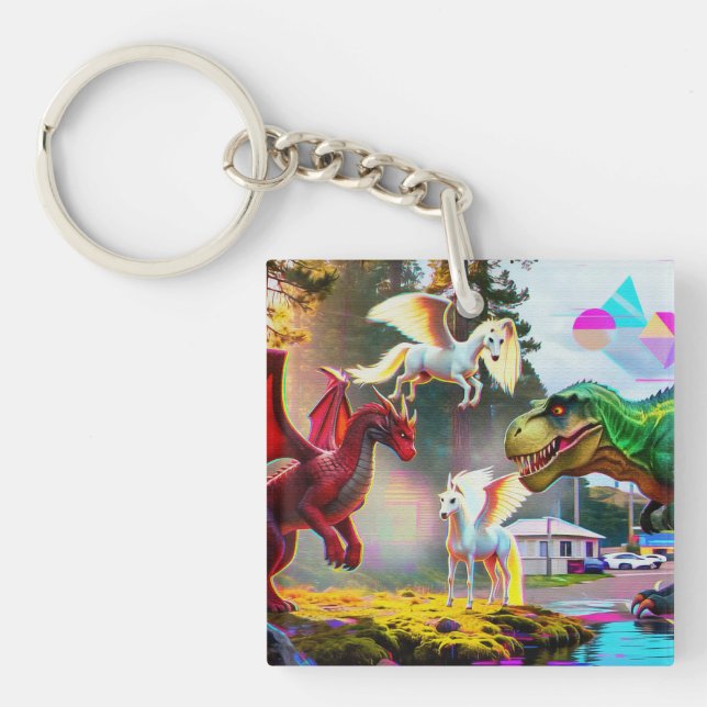 Mythical and Prehistoric Pegasus, Dragon, Dinosaur Keychain (Front)