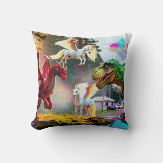 Mythical and Prehistoric Pegasus, Dragon, Dinosaur Throw Pillow