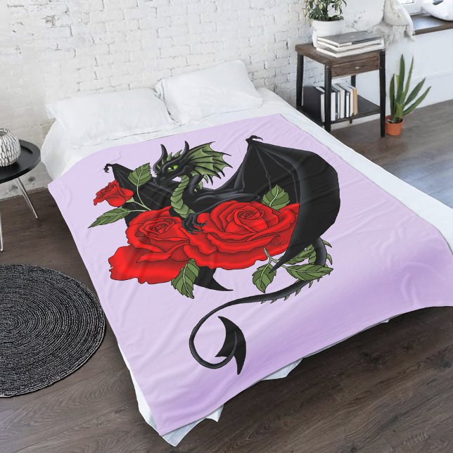Mythical Black Dragon Red Roses Lavender Gothic Fleece Blanket (Creator Uploaded)