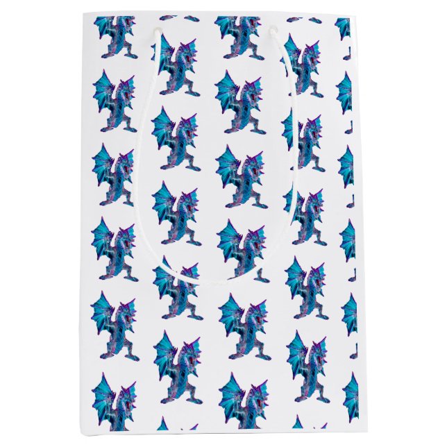 Mythical Blue Fire Dragon Fantasy Creature White  Medium Gift Bag (Front)