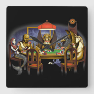 Mythical Creatures Playing Poker Square Wall Clock