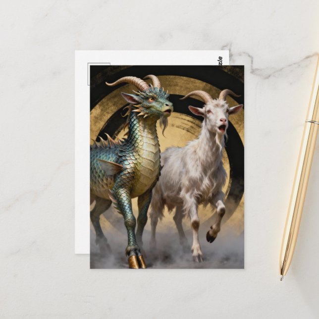Mythical Dragon Goat Creatures Surprised Postcard (Front/Back In Situ)