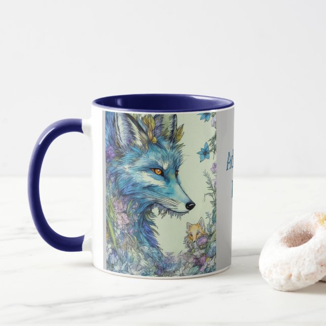 Mythical fox, flowers. Editable name Mug (With Donut)