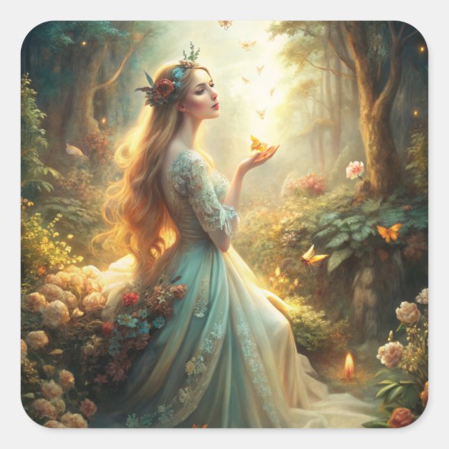 Mythical Girl in Forest Setting Square Sticker (Front)
