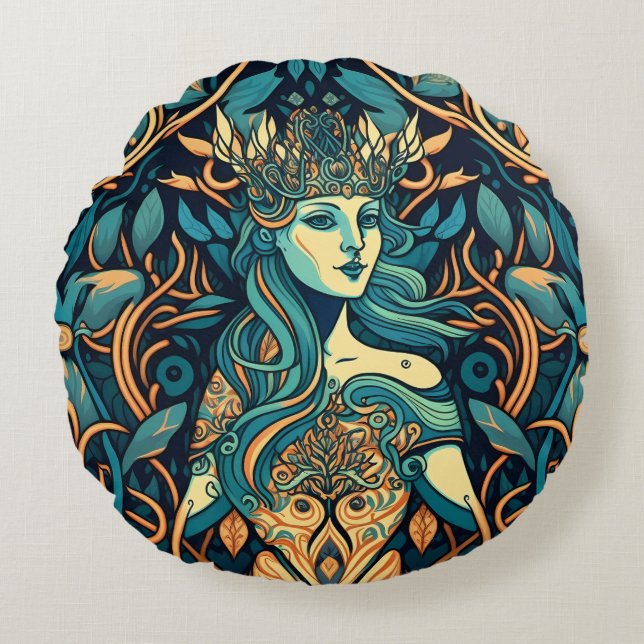 Mythical Goddess Hecate in a Botanical Design Round Pillow (Front)